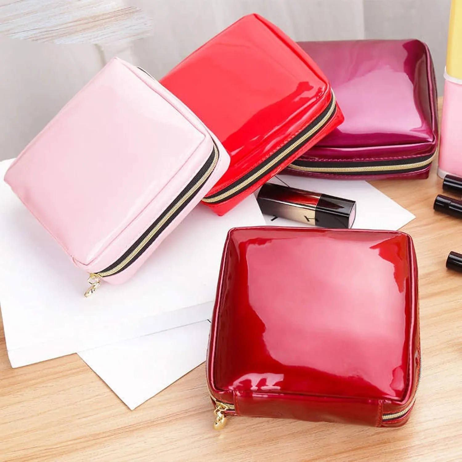 Toiletry Women Square Patent Leather Zipper Make Up Female Travel Cosmetic Case bag (Wine Red)