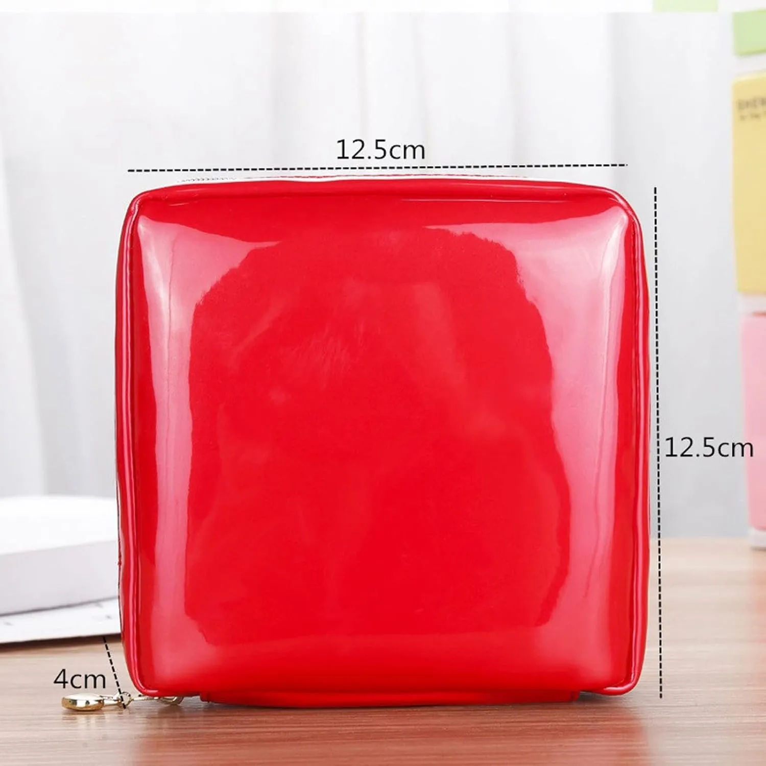 Toiletry Women Square Patent Leather Zipper Make Up Female Travel Cosmetic Case bag (Wine Red)