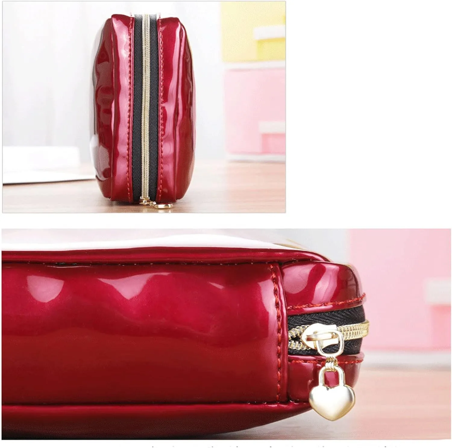 Toiletry Women Square Patent Leather Zipper Make Up Female Travel Cosmetic Case bag (Wine Red)