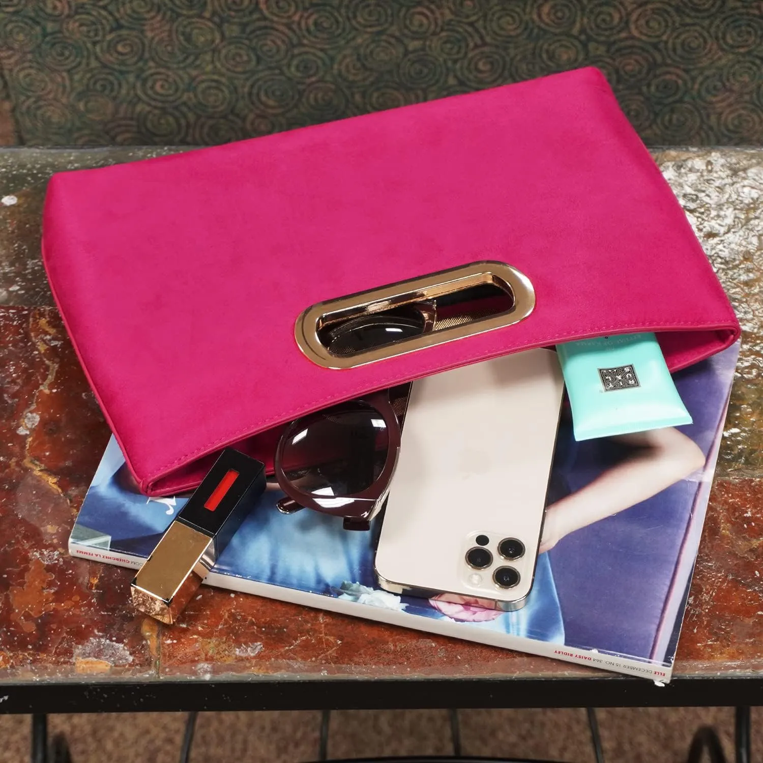 Top Handle Faux Suede Clutch