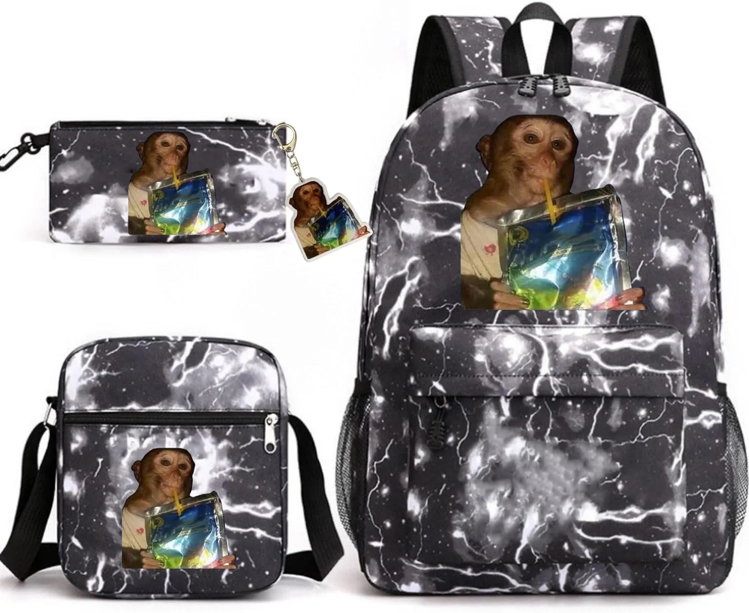 Trendy Monkey Backpack Set 3 PCS, Knapsack & Pencil Pouch & Crossbody Bag Combination Kit, Laptop Bag With Free Keychain (Thunder-Black)