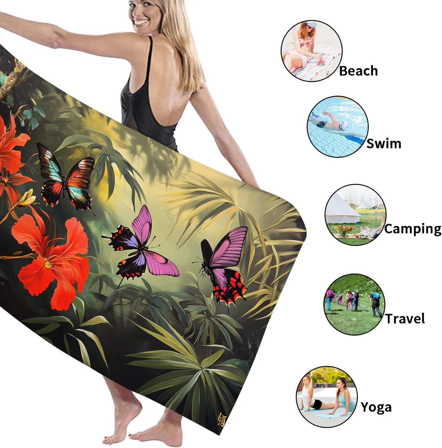 Tropical Floral Microfiber Beach Towel Extra Large Vibrant Hibiscus Flowers, Quick Dry Absorbent Sand Free Oversize Lightweight Beach Blanket, Vacation Picnic Essentials 62x31 Inch