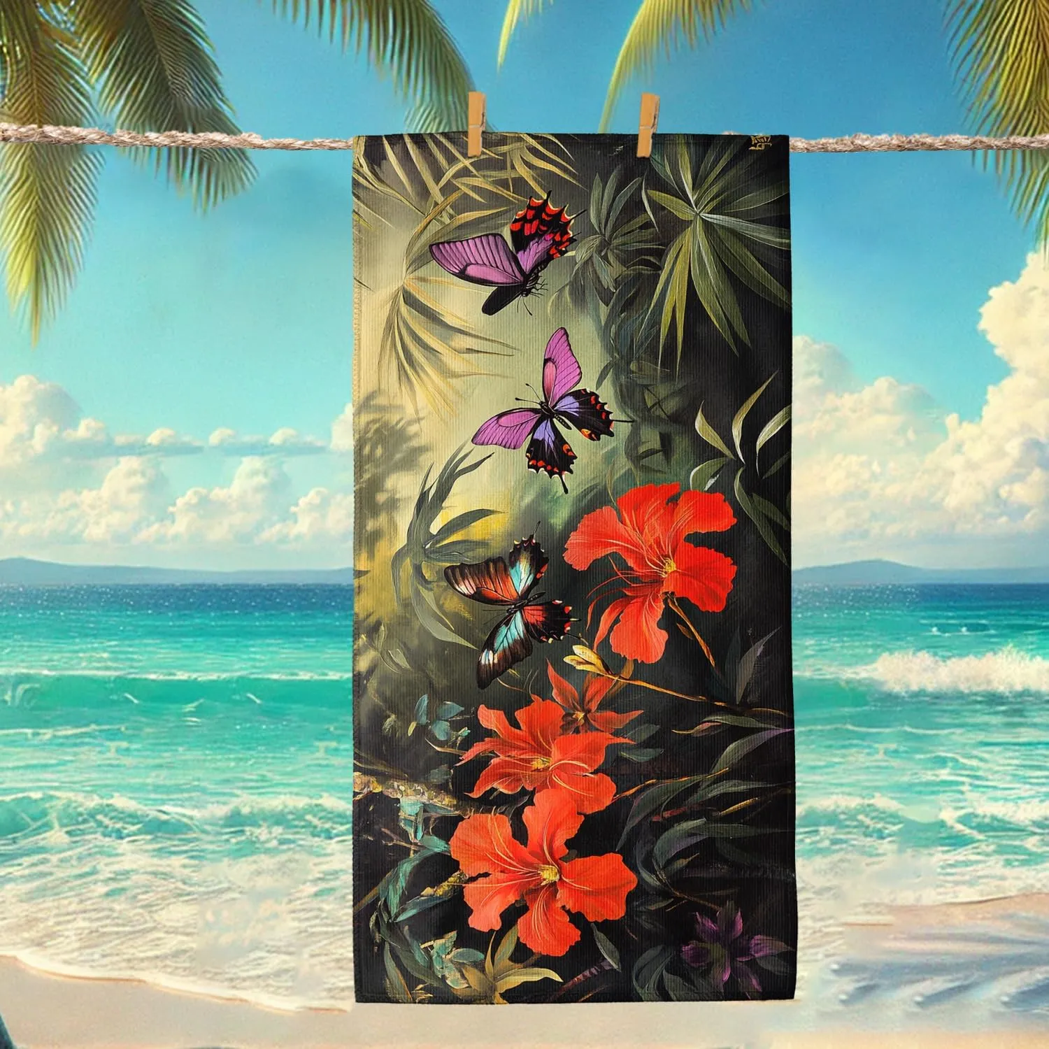 Tropical Floral Microfiber Beach Towel Extra Large Vibrant Hibiscus Flowers, Quick Dry Absorbent Sand Free Oversize Lightweight Beach Blanket, Vacation Picnic Essentials 62x31 Inch