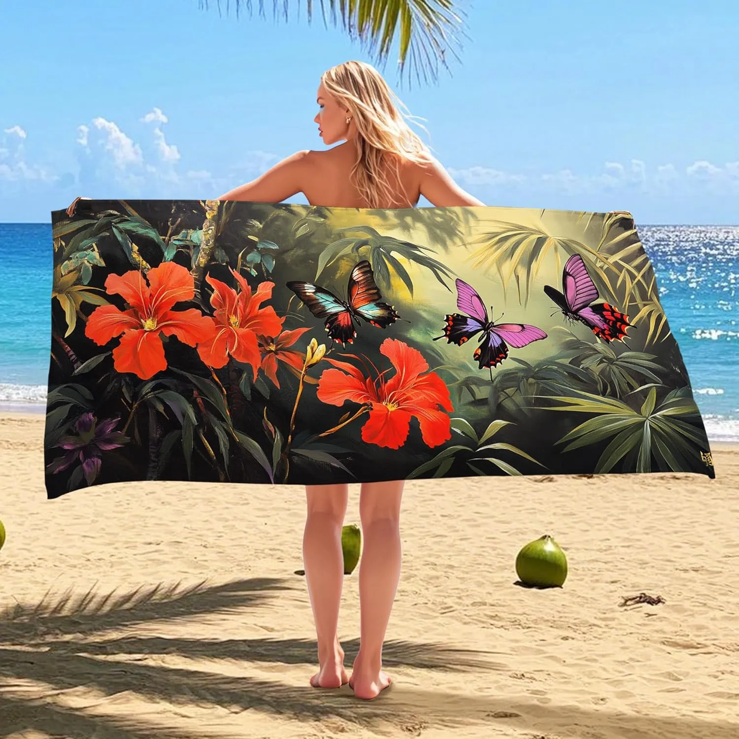 Tropical Floral Microfiber Beach Towel Extra Large Vibrant Hibiscus Flowers, Quick Dry Absorbent Sand Free Oversize Lightweight Beach Blanket, Vacation Picnic Essentials 62x31 Inch