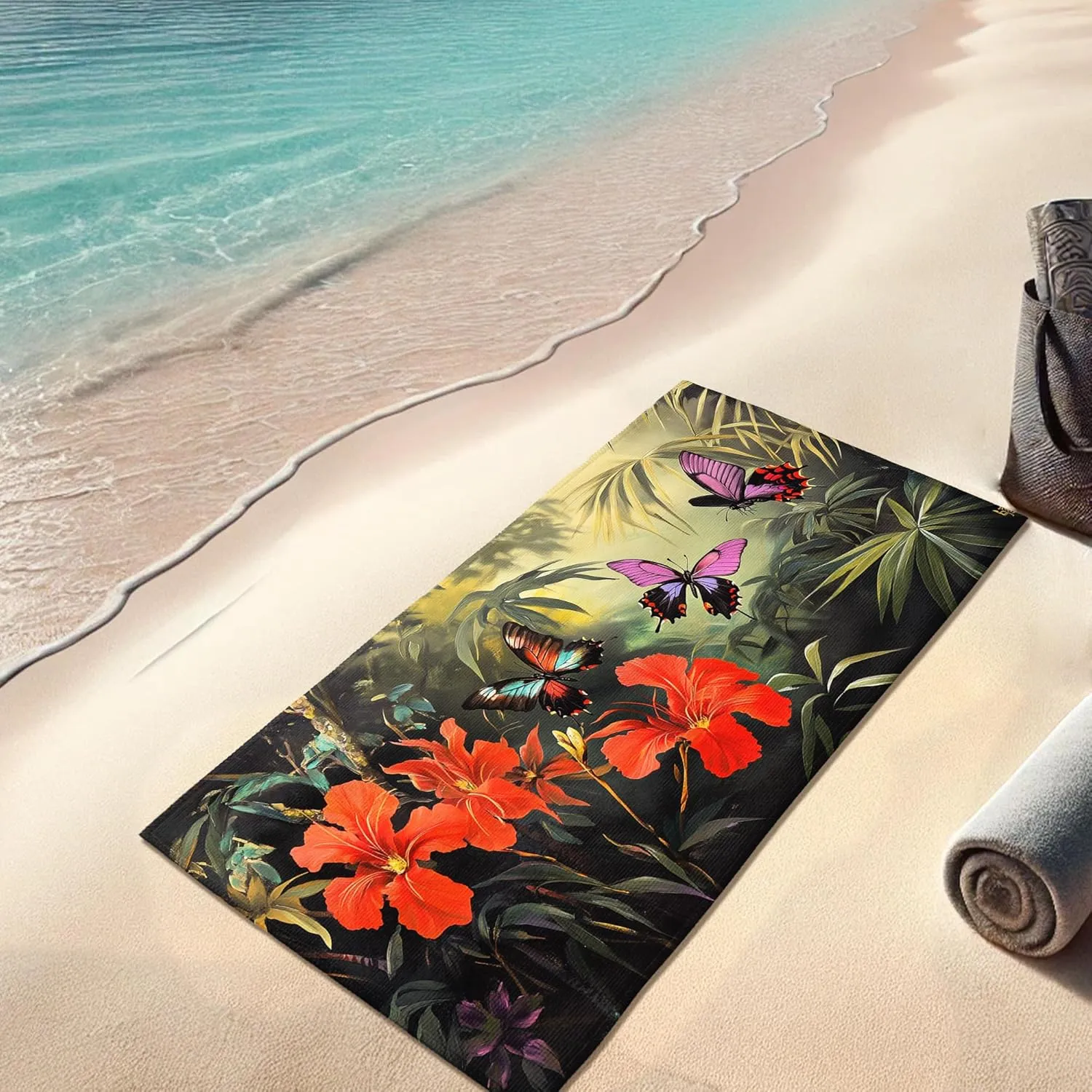 Tropical Floral Microfiber Beach Towel Extra Large Vibrant Hibiscus Flowers, Quick Dry Absorbent Sand Free Oversize Lightweight Beach Blanket, Vacation Picnic Essentials 62x31 Inch