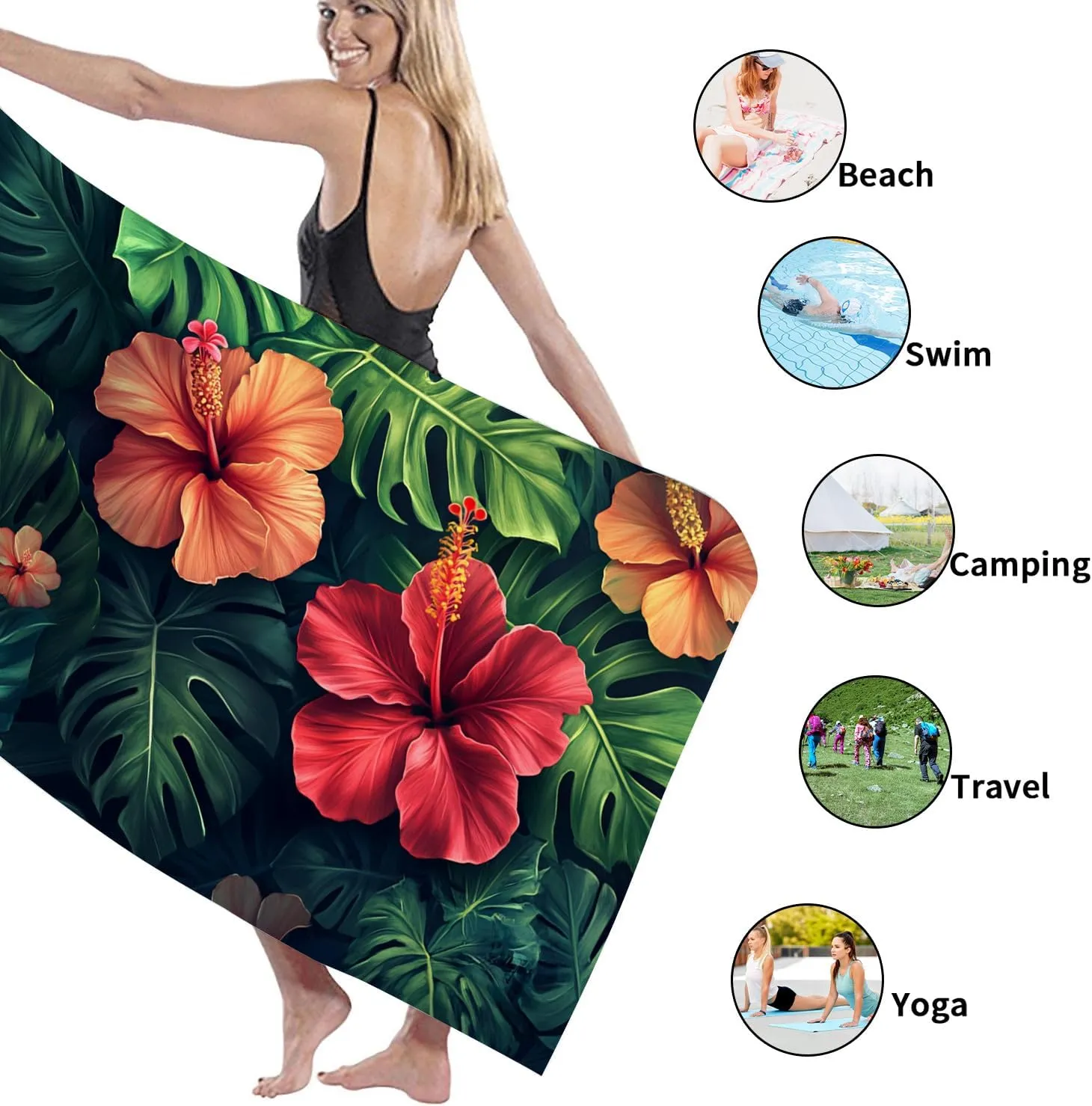 Tropical Hibiscus Microfiber Beach Towel Extra Large Vivid Floral Design Quick Dry Absorbent Sand Free Oversize Lightweight Blanket, Travel Pool Picnic Essentials 62x31 Inch