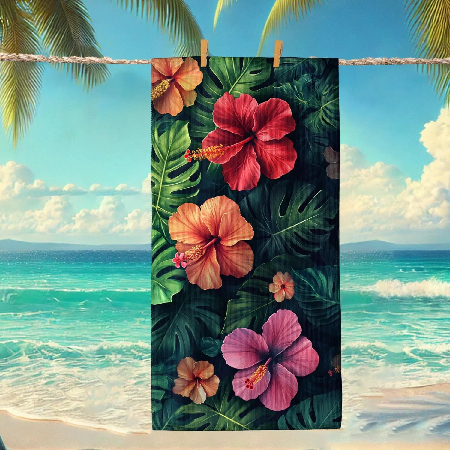 Tropical Hibiscus Microfiber Beach Towel Extra Large Vivid Floral Design Quick Dry Absorbent Sand Free Oversize Lightweight Blanket, Travel Pool Picnic Essentials 62x31 Inch