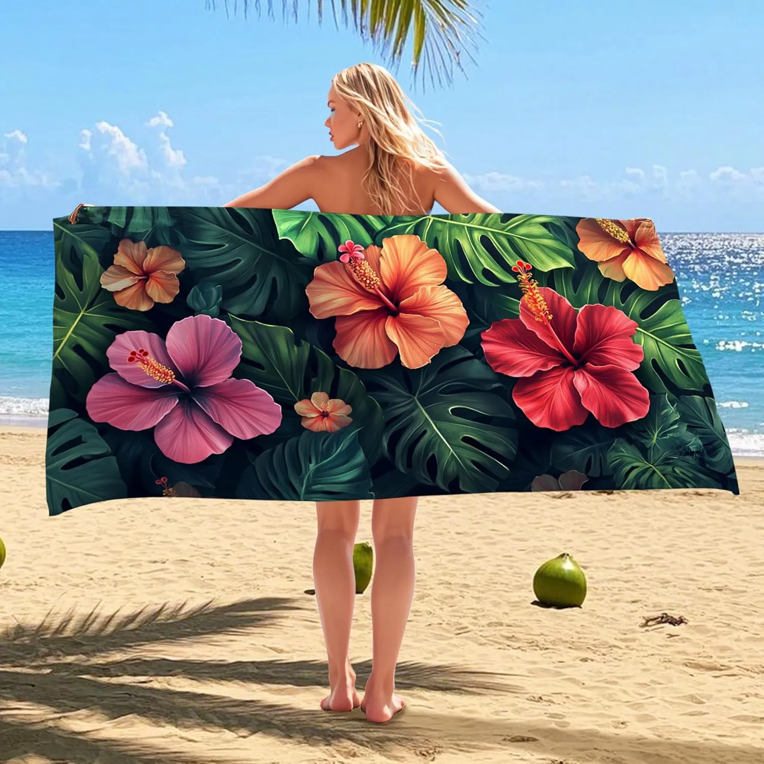 Tropical Hibiscus Microfiber Beach Towel Extra Large Vivid Floral Design Quick Dry Absorbent Sand Free Oversize Lightweight Blanket, Travel Pool Picnic Essentials 62x31 Inch
