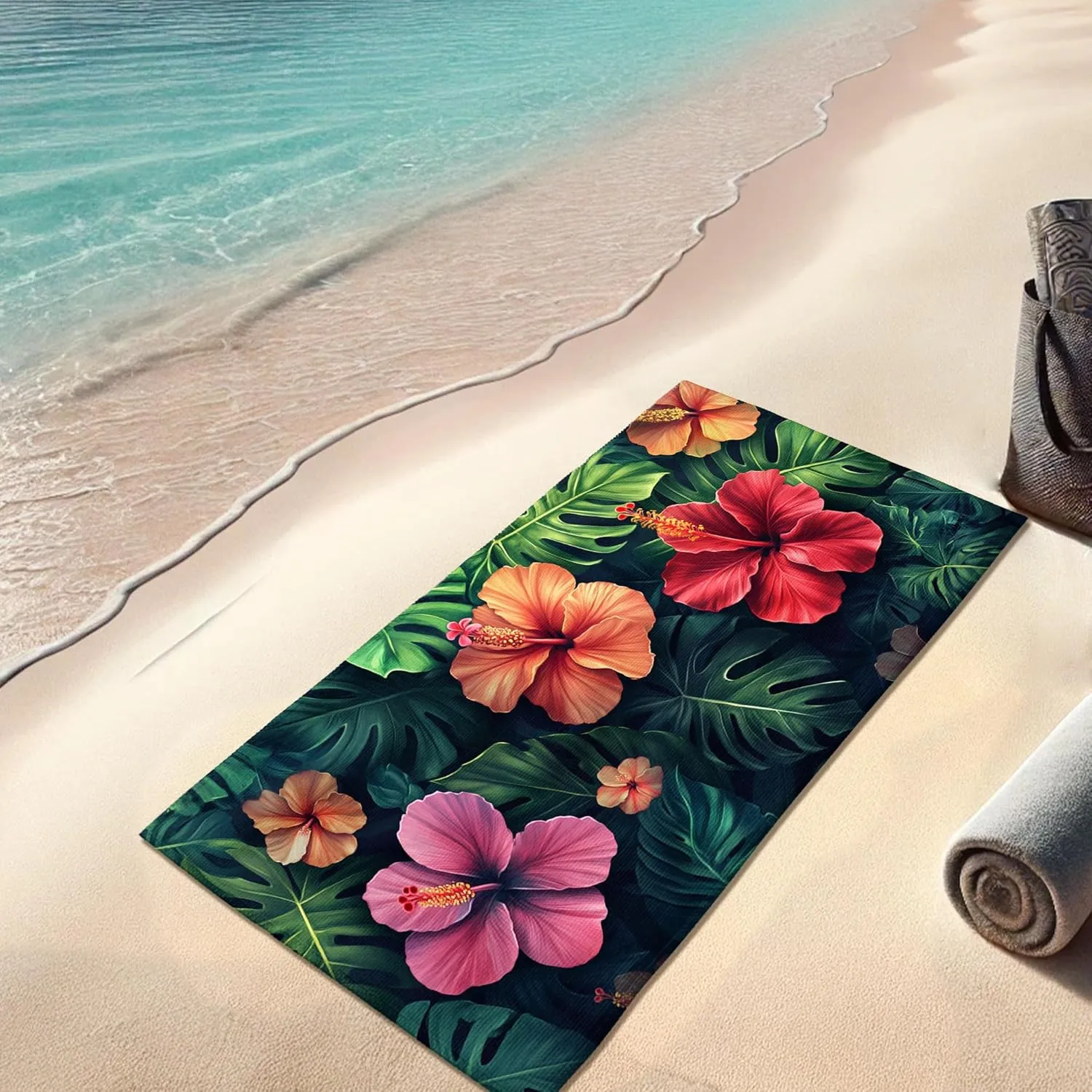Tropical Hibiscus Microfiber Beach Towel Extra Large Vivid Floral Design Quick Dry Absorbent Sand Free Oversize Lightweight Blanket, Travel Pool Picnic Essentials 62x31 Inch