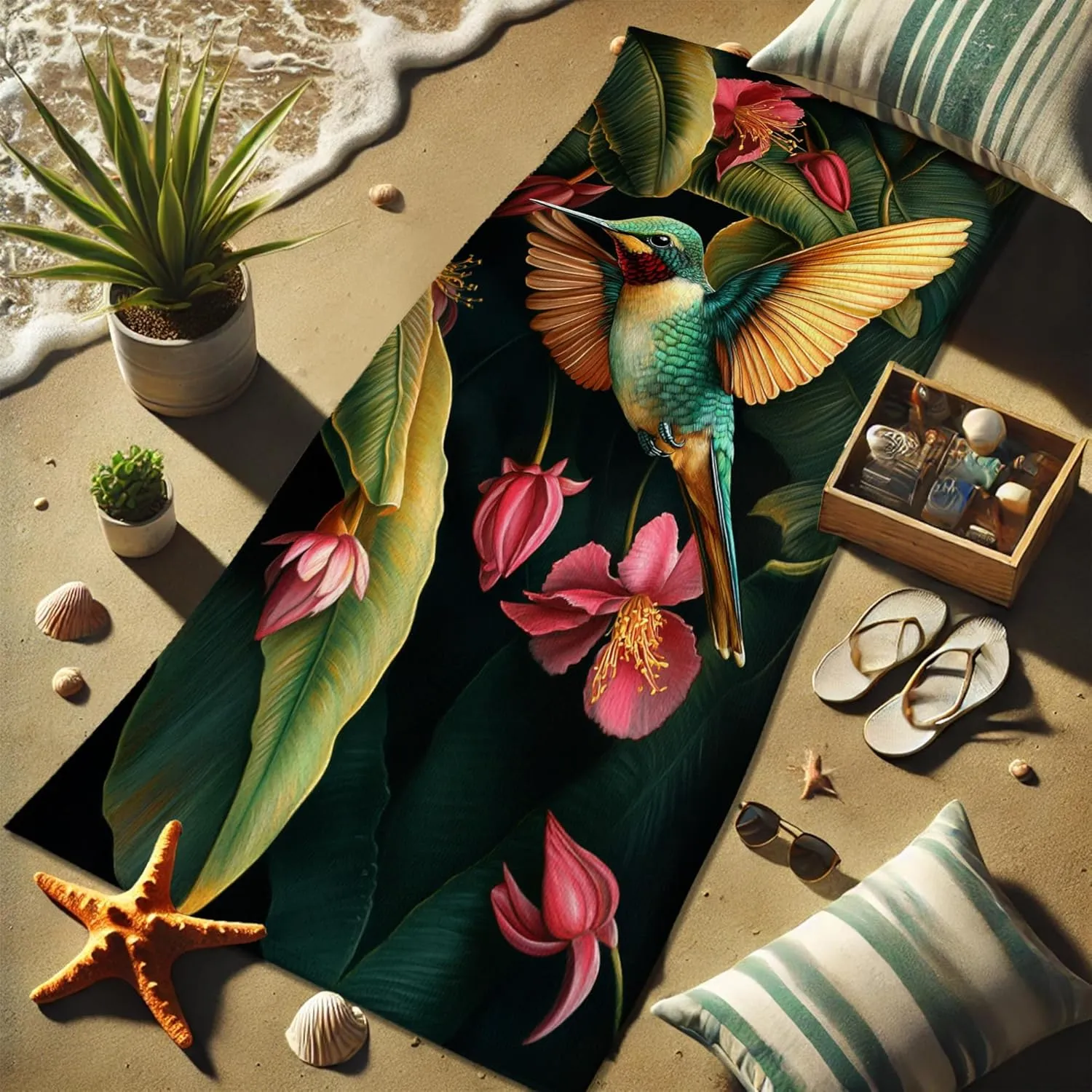 Tropical Hummingbird Beach Towel Extra Large Vibrant Colors Quick Dry Sand Free Lightweight Towel, Perfect for Pool Gym Vacation Camping Picnic Essentials 62x31 Inch