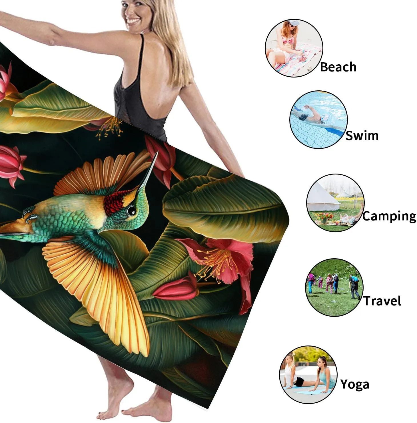Tropical Hummingbird Beach Towel Extra Large Vibrant Colors Quick Dry Sand Free Lightweight Towel, Perfect for Pool Gym Vacation Camping Picnic Essentials 62x31 Inch