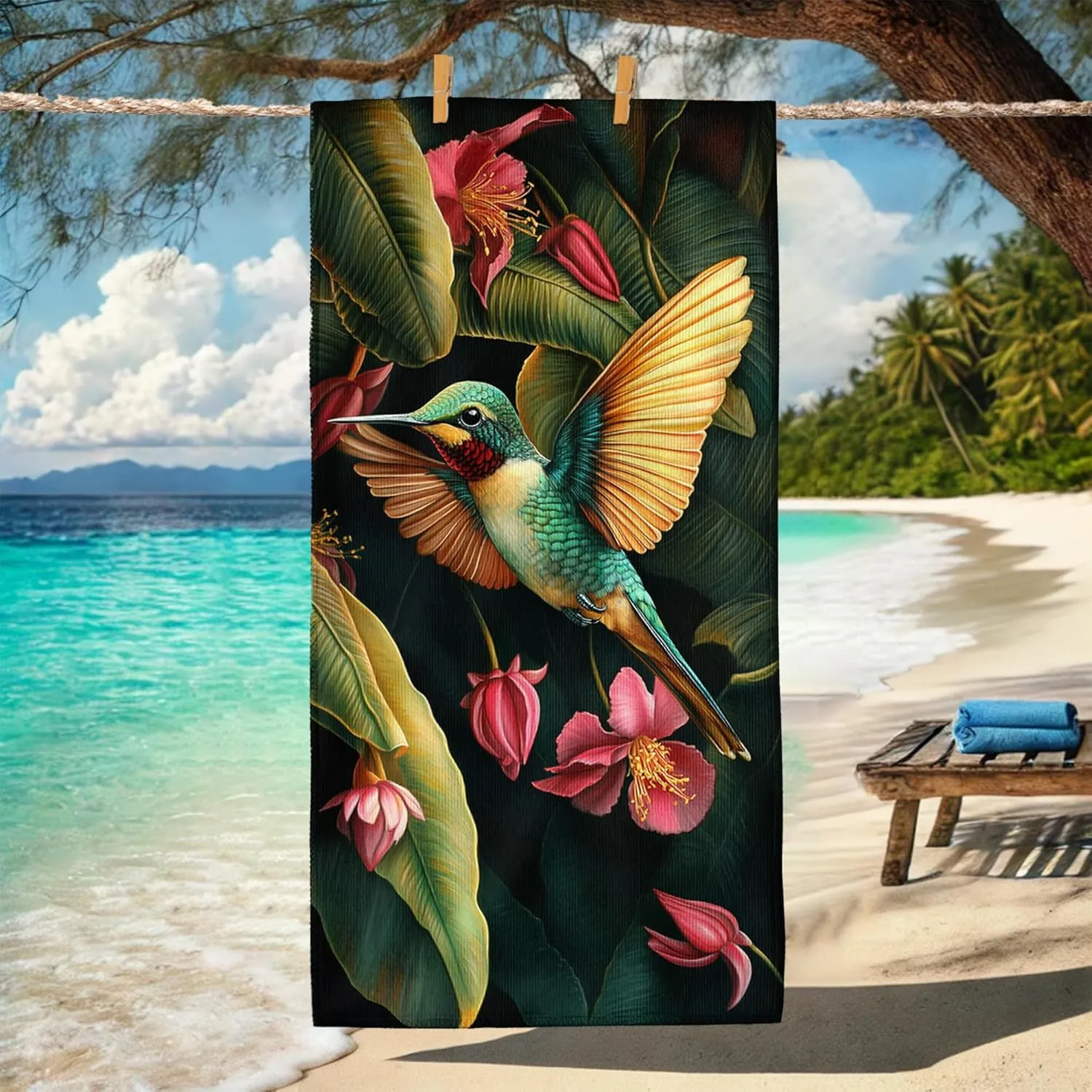 Tropical Hummingbird Beach Towel Extra Large Vibrant Colors Quick Dry Sand Free Lightweight Towel, Perfect for Pool Gym Vacation Camping Picnic Essentials 62x31 Inch