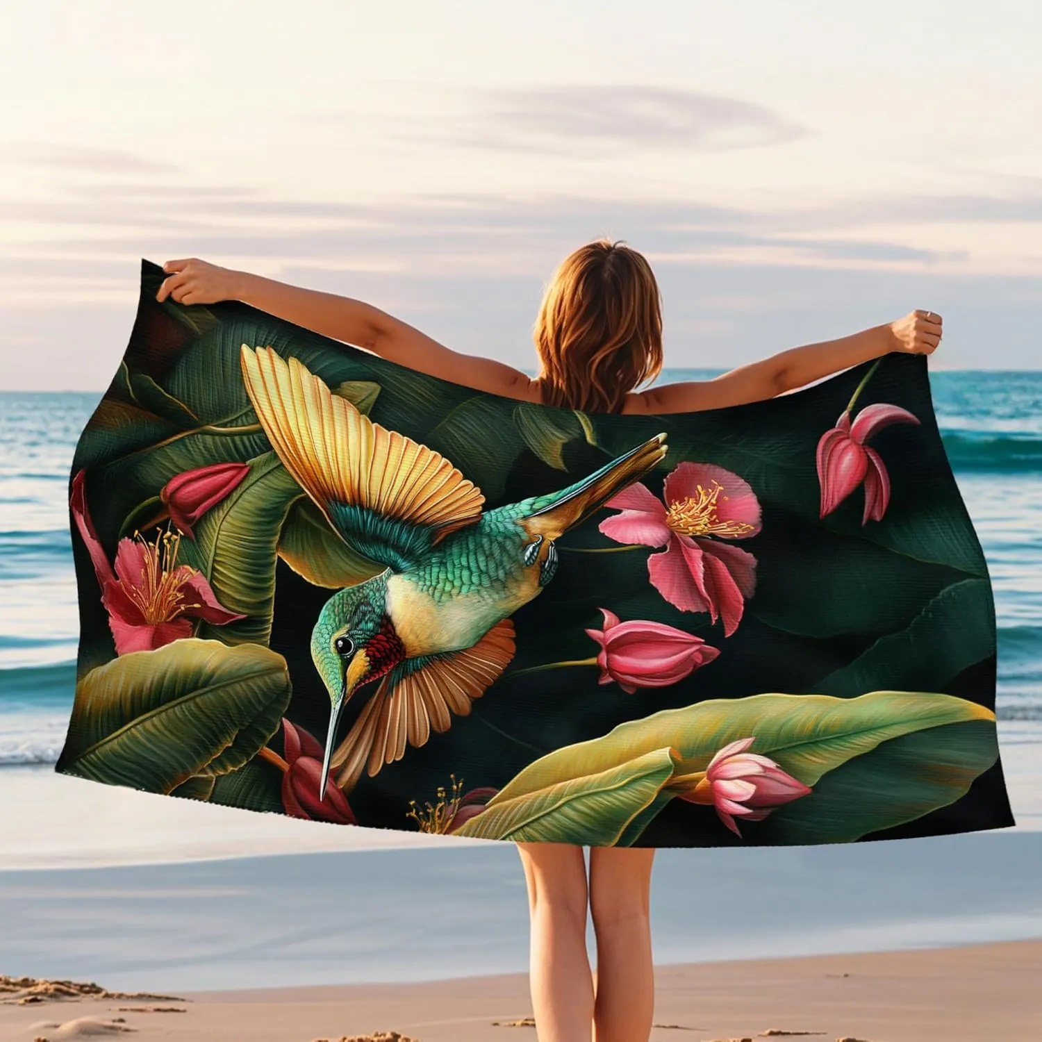 Tropical Hummingbird Beach Towel Extra Large Vibrant Colors Quick Dry Sand Free Lightweight Towel, Perfect for Pool Gym Vacation Camping Picnic Essentials 62x31 Inch