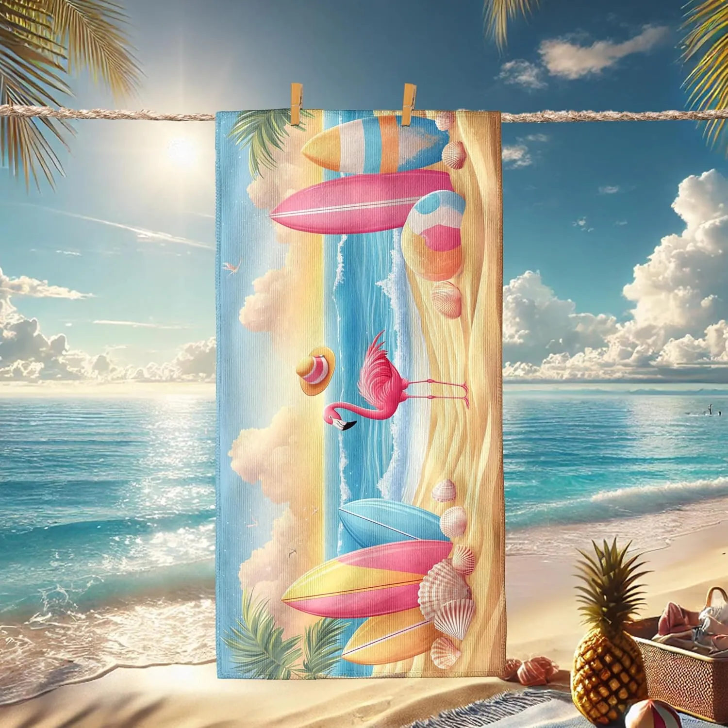 Tropical Tropical Bird Microfiber Beach Towel Peach Surfing Design Quick Dry Sand Free Oversized Lightweight Beach Blanket Vacation Picnic Essentials 62x31 Inch