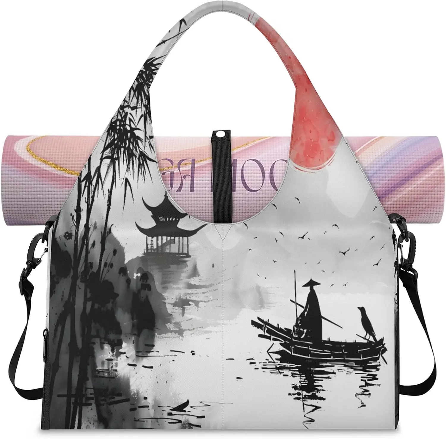 TropicalLife Asian Chinese Mountain Sun Yoga Gym Bags for Women with Shoes Compartment Travel Tote Duffle Bag Weekender Carry on Overnight Bags