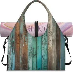 TropicalLife Farmhouse Barn Wood Yoga Gym Bags for Women with Shoes Compartment Travel Tote Duffle Bag Weekender Carry on Overnight Bags
