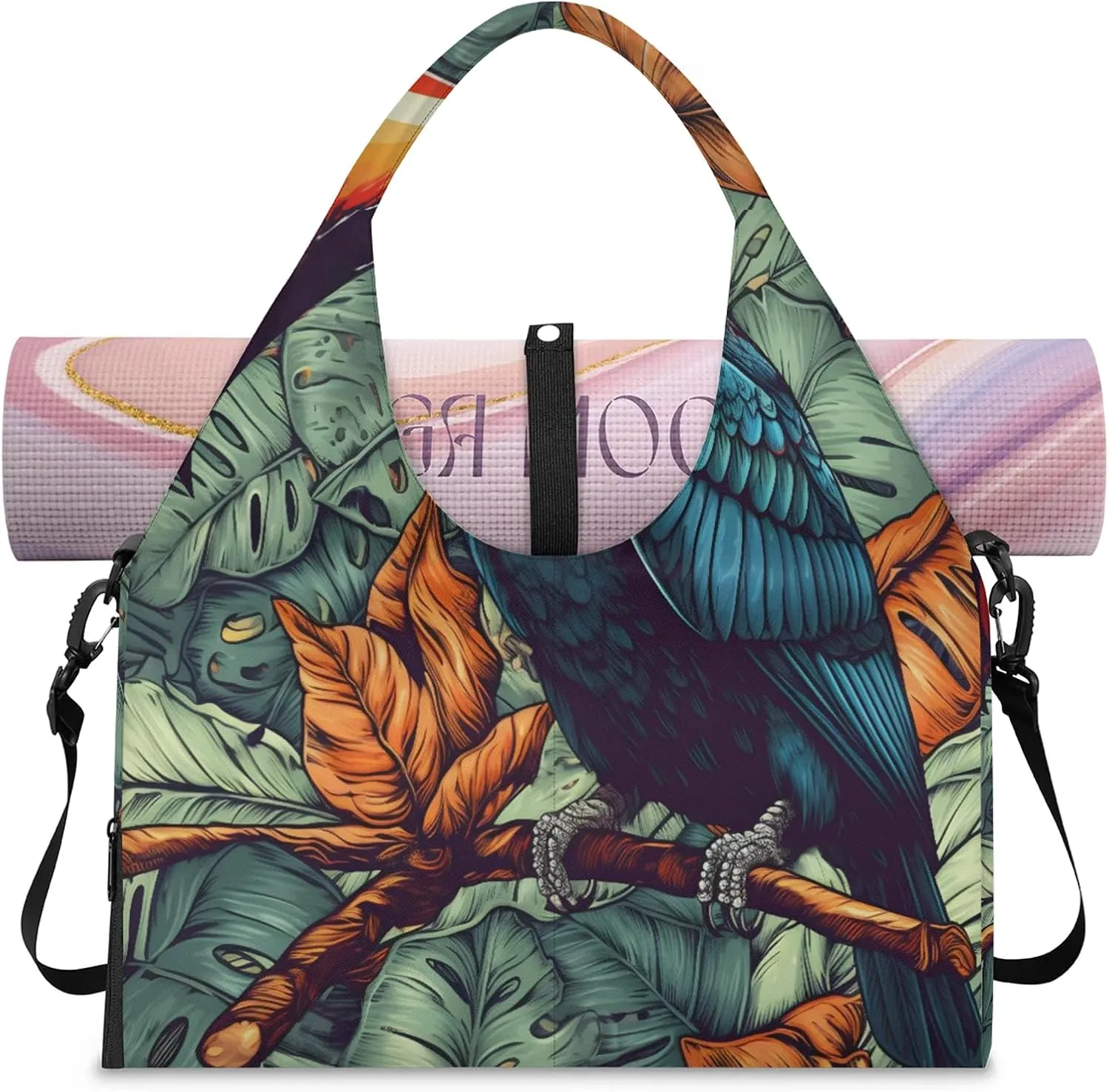 TropicalLife Toucan Rainforest Animals Gym Bags for Women with Yoga Mat Holder, Yoga Tote Bag Travel Duffle Bag Workout Weekender Carry on Overnight Bags