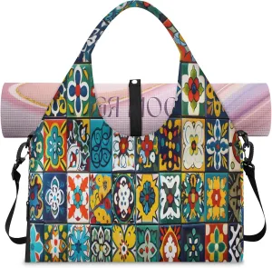 TropicalLife Vintage Mexican Talavera Ceramic Tile Yoga Gym Bags for Women with Shoes Compartment Travel Tote Duffle Bag Weekender Carry on Overnight Bags