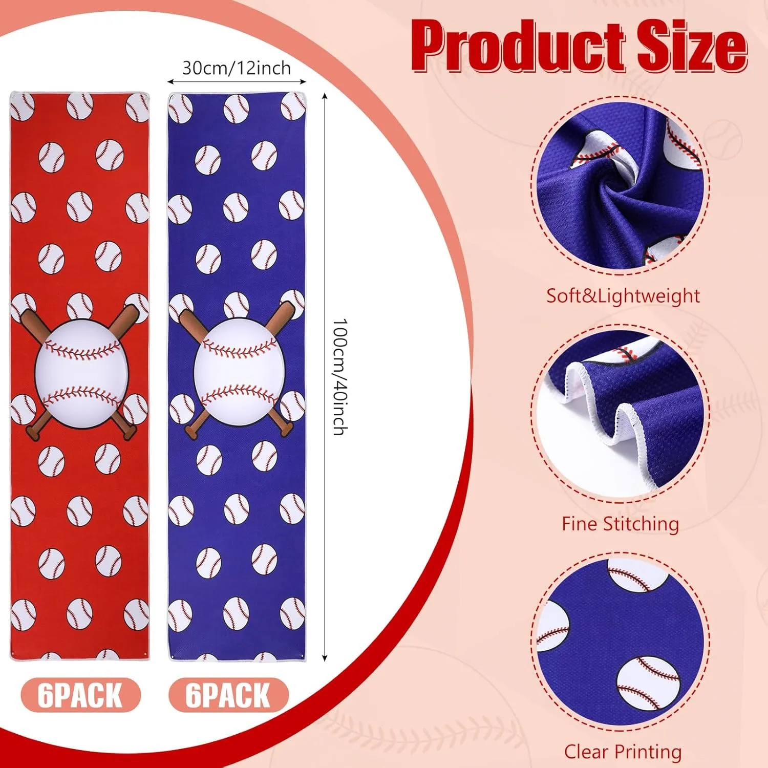 Tudomro 12 Pack Baseball Cooling Towels, 40''x12'' Baseball Breathable Chilly Towel with Bags, Sports Towels Ice Towel Microfiber Baseball Towel for Baseball Team Gift Sport Party Favors(Red and Blue)