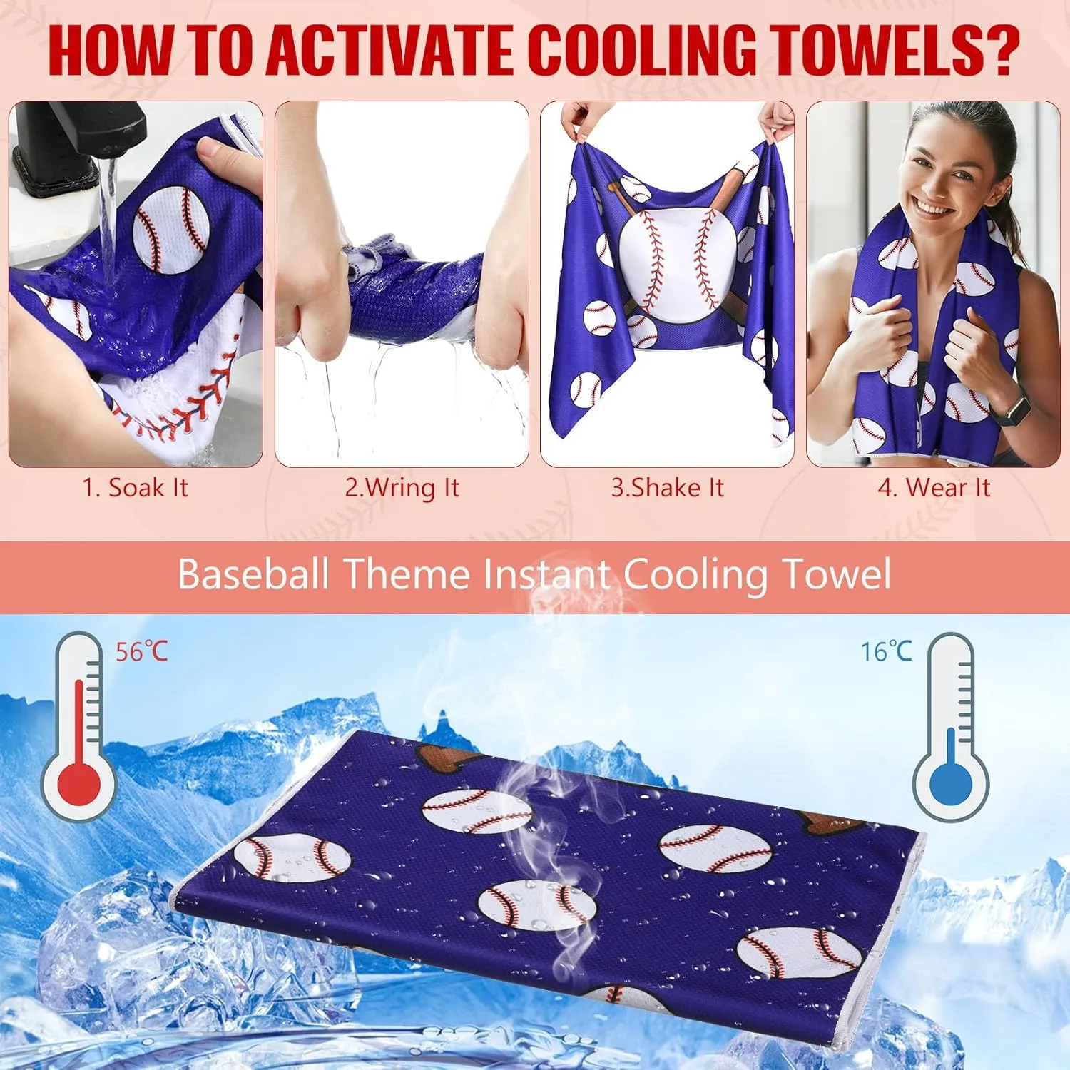 Tudomro 12 Pack Baseball Cooling Towels, 40''x12'' Baseball Breathable Chilly Towel with Bags, Sports Towels Ice Towel Microfiber Baseball Towel for Baseball Team Gift Sport Party Favors(Red and Blue)