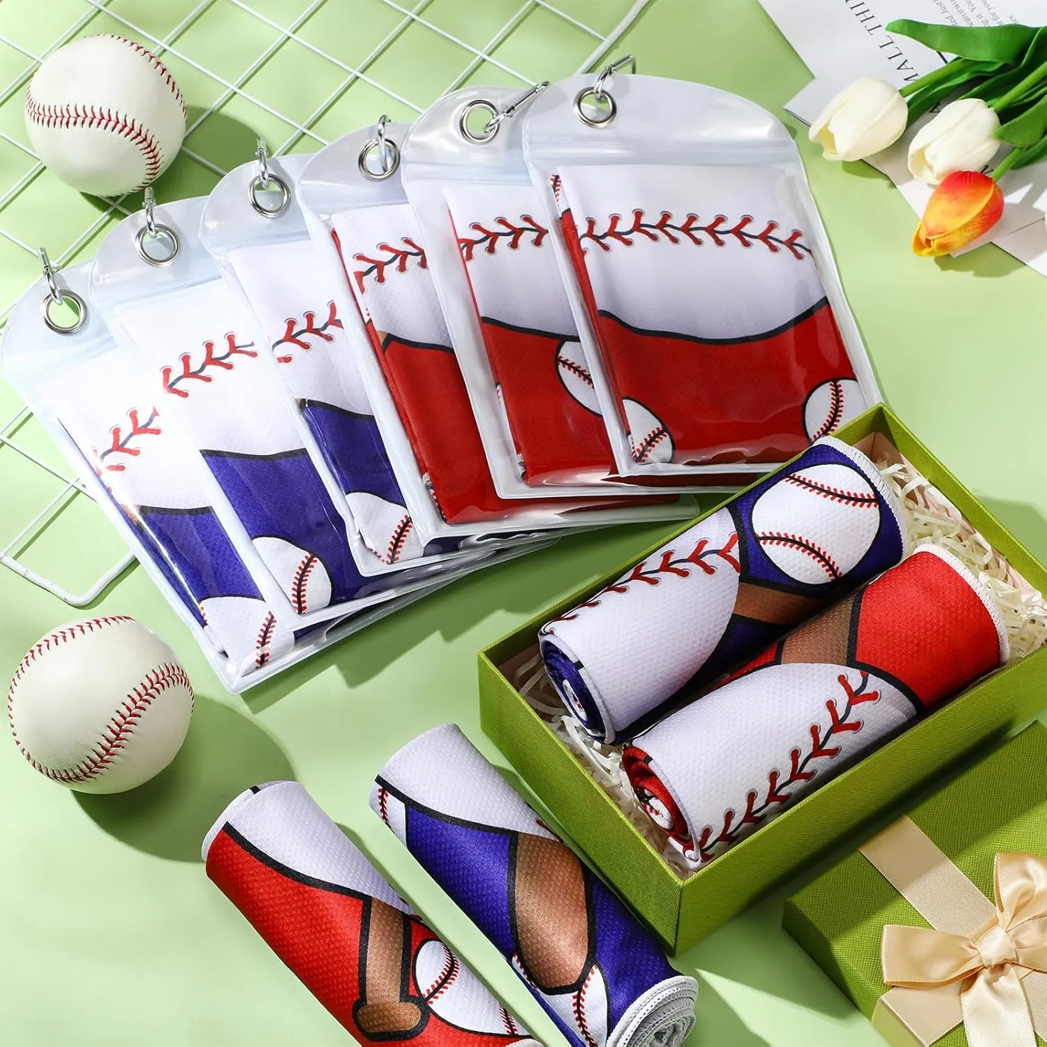 Tudomro 12 Pack Baseball Cooling Towels, 40''x12'' Baseball Breathable Chilly Towel with Bags, Sports Towels Ice Towel Microfiber Baseball Towel for Baseball Team Gift Sport Party Favors(Red and Blue)
