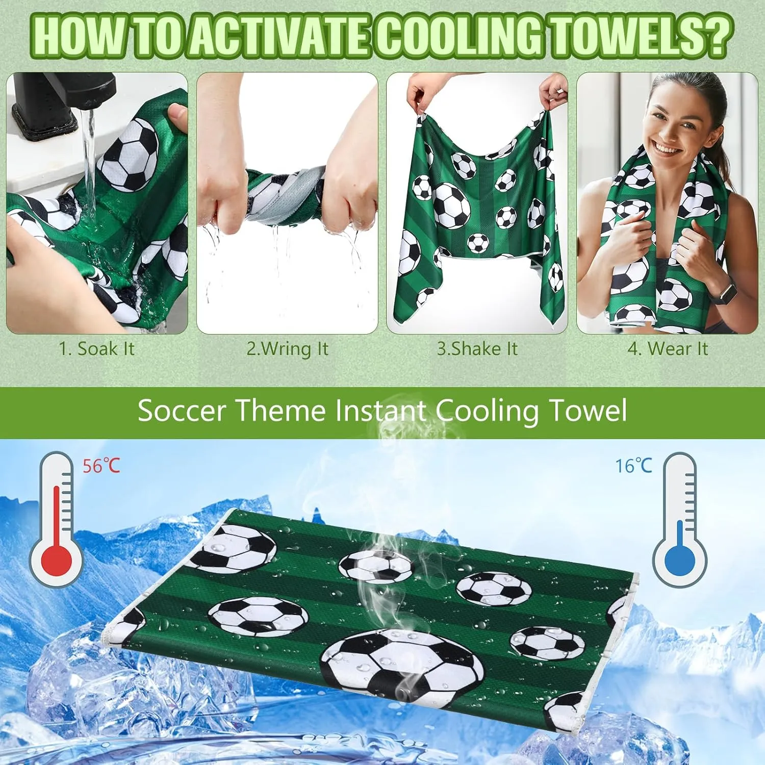 Tudomro 12 Pack Soccer Cooling Towels, 40''x12'' Soccer Breathable Chilly Towel with Bags, Sports Towels Ice Towel Microfiber Soccer Towel for Soccer Team Gift Sport Party Favors(Green)