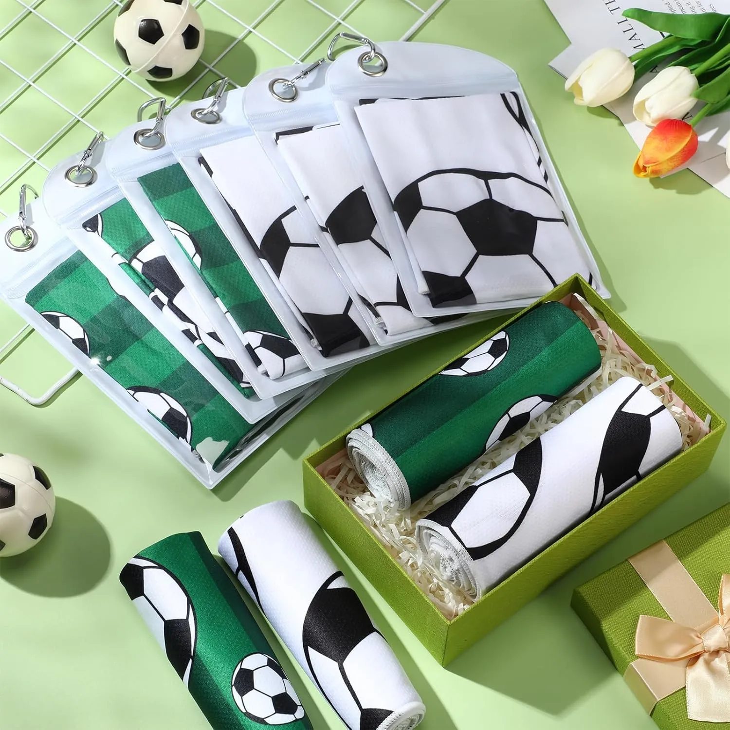 Tudomro 12 Pack Soccer Cooling Towels, 40''x12'' Soccer Breathable Chilly Towel with Bags, Sports Towels Ice Towel Microfiber Soccer Towel for Soccer Team Gift Sport Party Favors(Green)