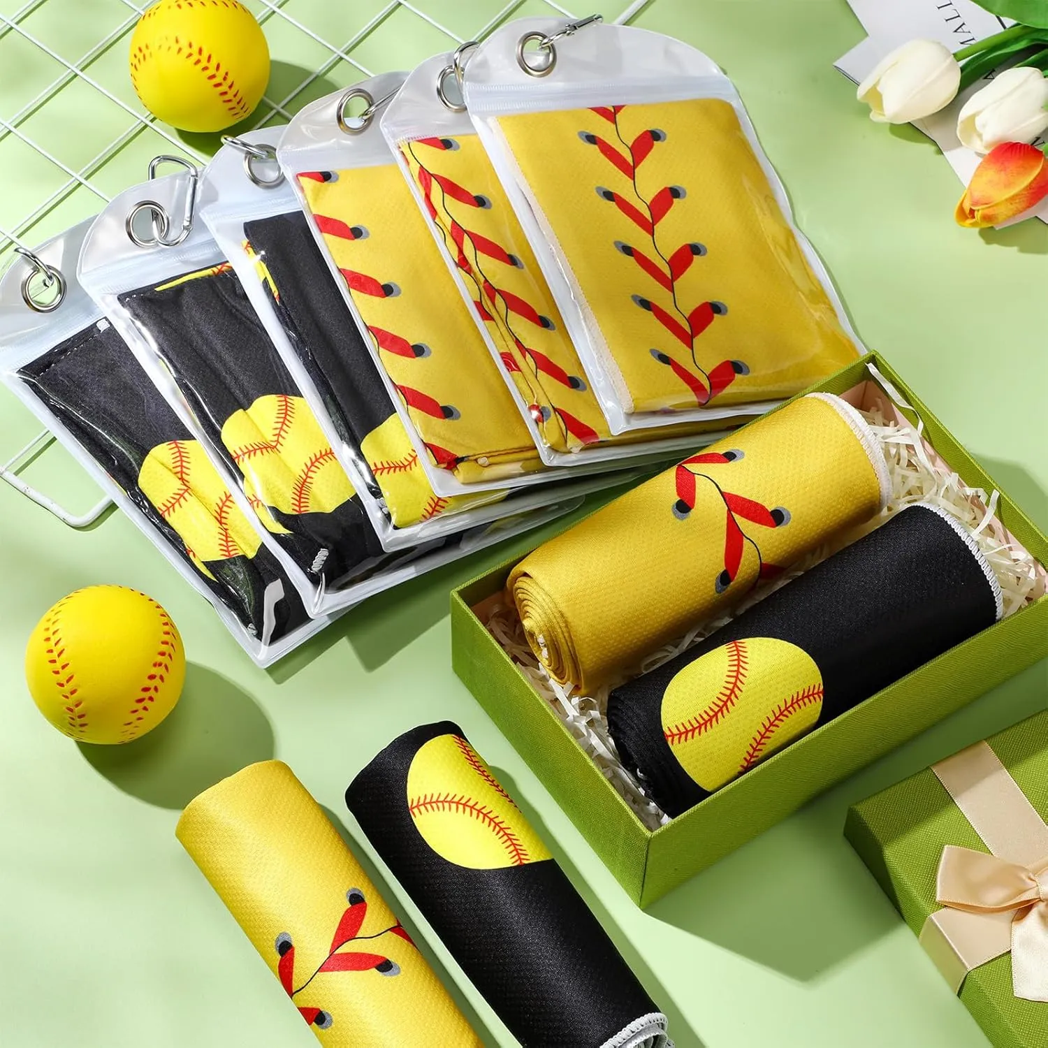 Tudomro 12 Pack Softball Cooling Towels, 40''x12'' Softball Breathable Chilly Towel with Bags, Sports Towels Microfiber Ice Towel for Softball Team Gift Sport Party Favors(Black and Yellow)