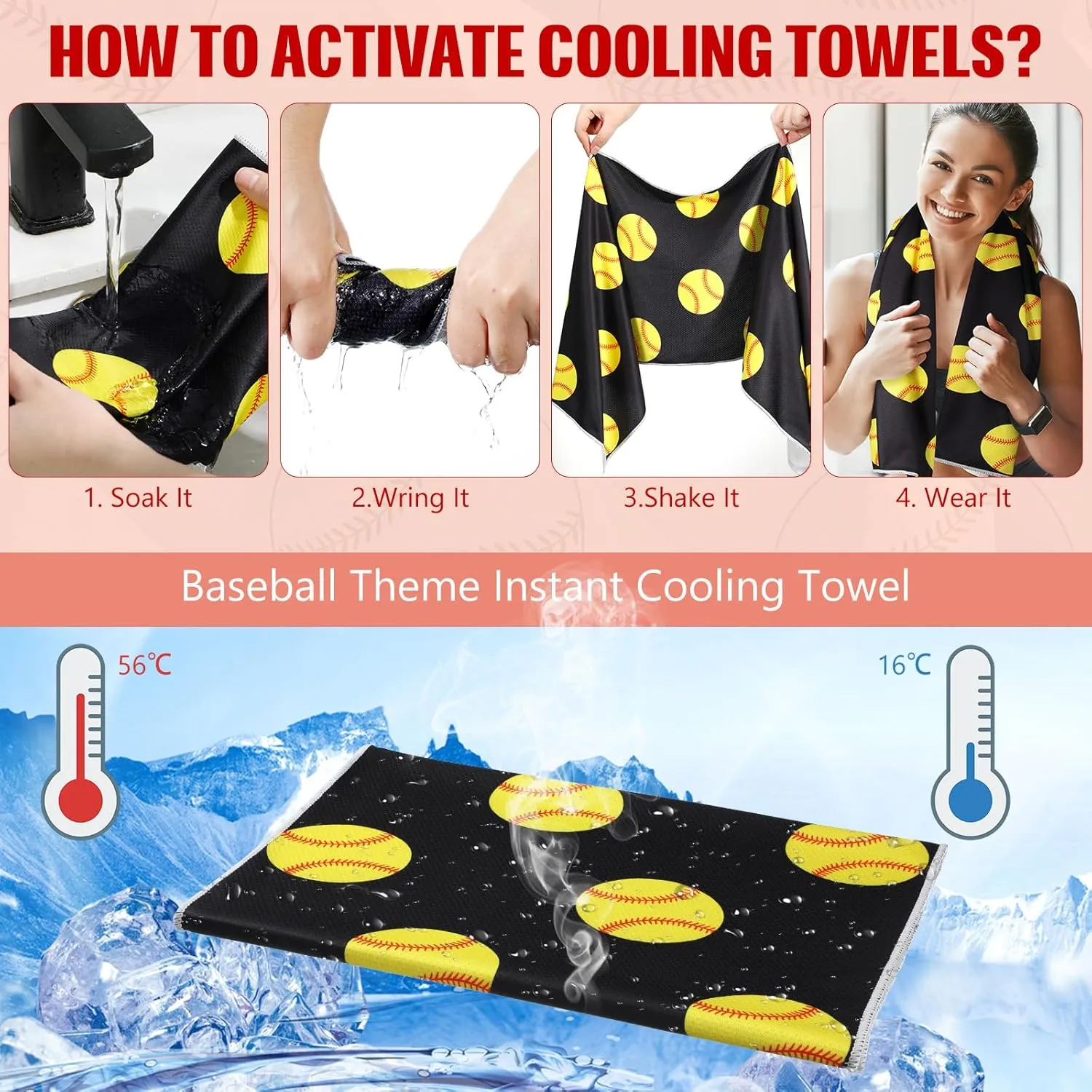 Tudomro 12 Pack Softball Cooling Towels, 40''x12'' Softball Breathable Chilly Towel with Bags, Sports Towels Microfiber Ice Towel for Softball Team Gift Sport Party Favors(Black and Yellow)