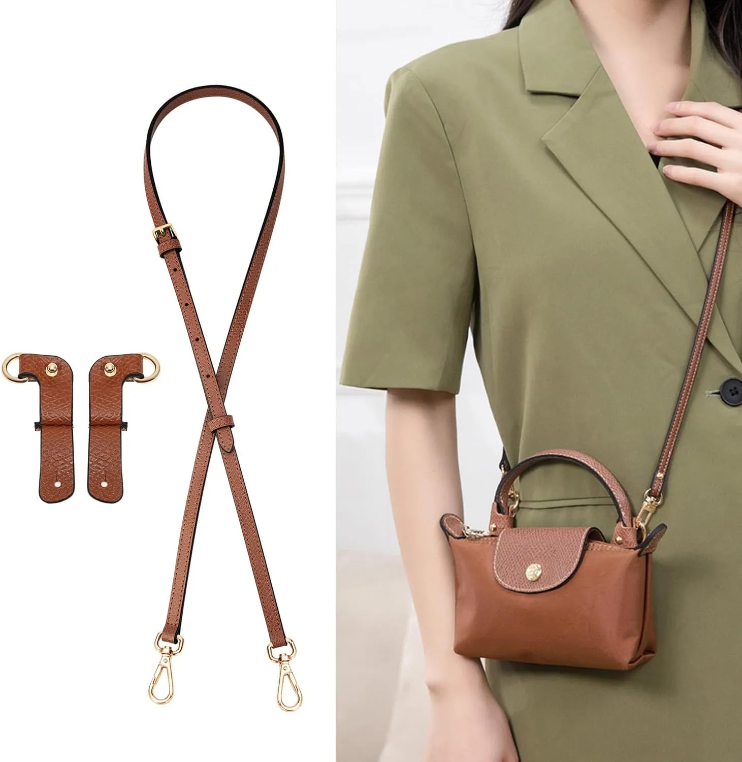 TUKYWAN Bag Straps for Longchamp Mini Bag,Purse Strap Replacement Crossbody Adjustable(Strap Set,Brown Gold)