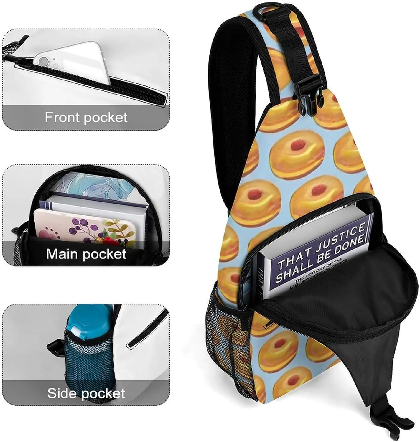 Ultra Lightweight Sling Backpack Shoulder Chest Crossbody Bag Multipurpose Anti-Theft Backpacking for Hiking Cycling Walking Dog Bicycle Travel - Bagel Food Funny Pattern