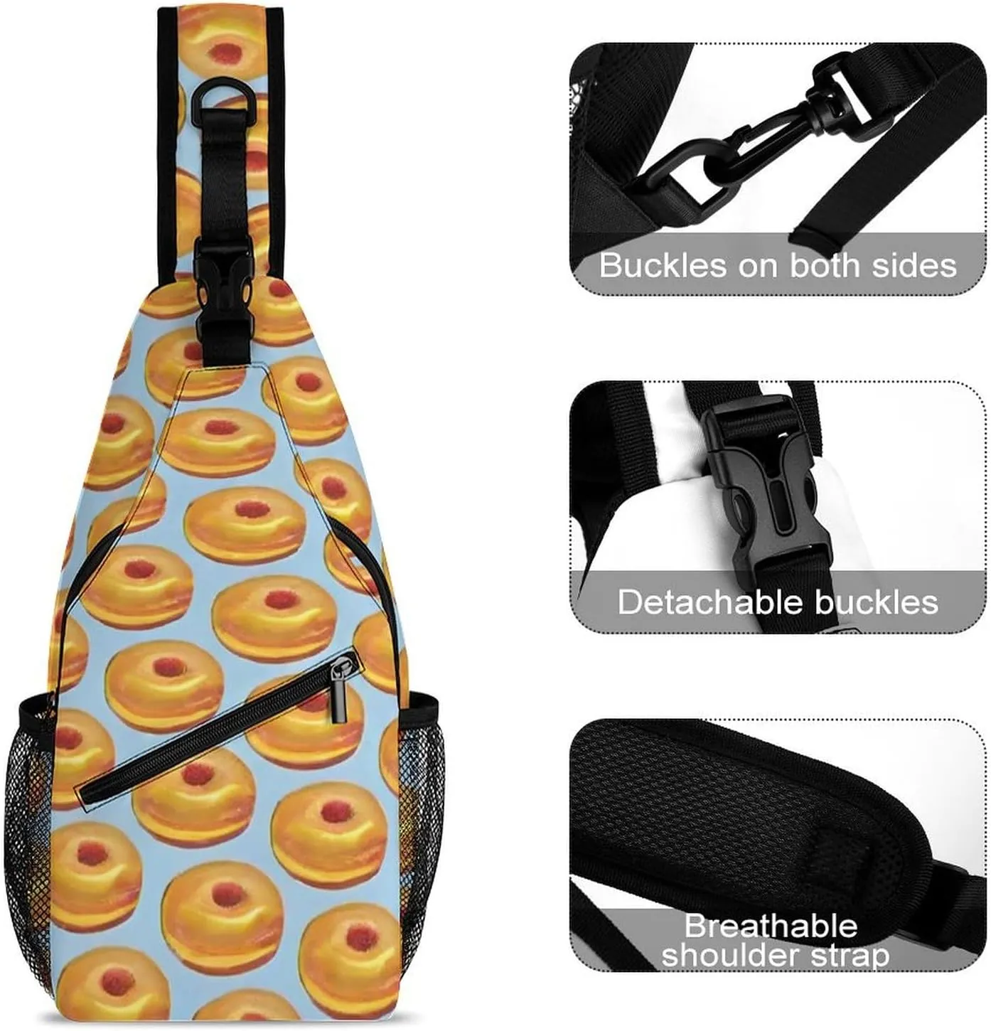 Ultra Lightweight Sling Backpack Shoulder Chest Crossbody Bag Multipurpose Anti-Theft Backpacking for Hiking Cycling Walking Dog Bicycle Travel - Bagel Food Funny Pattern