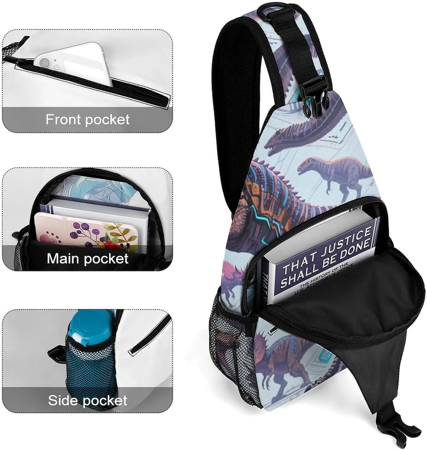 Ultra Lightweight Sling Shoulder Backpack Shoulder Chest Crossbody Bag Multipurpose Anti-Theft Daypack for Hiking Cycling Camping Travel, Animals Dinosaur Art Bookbag