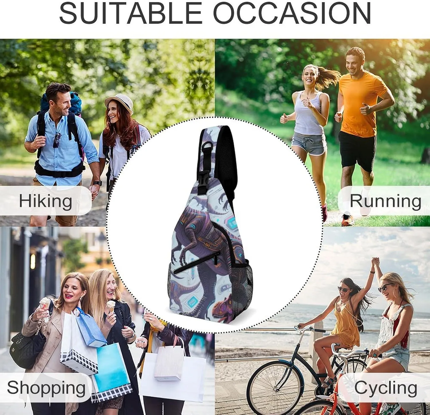 Ultra Lightweight Sling Shoulder Backpack Shoulder Chest Crossbody Bag Multipurpose Anti-Theft Daypack for Hiking Cycling Camping Travel, Animals Dinosaur Art Bookbag