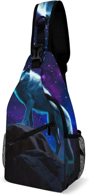 Ultra Lightweight Sling Shoulder Backpack Shoulder Crossbody Bag Chest Pack Multipurpose Anti-Theft Daypack for Outdoors Camping Hiking Trekking, Starry Galaxy Cool Wolf Art