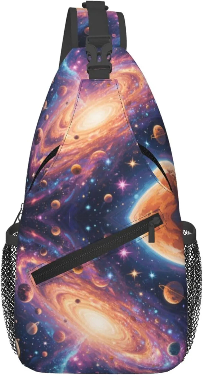 Ultra Lightweight Sling Shoulder Backpack Shoulder Crossbody Bag Chest Pack Multipurpose Anti-Theft Daypack for Outdoors Camping Hiking Trekking, Universe Galaxy Stars Planets Art