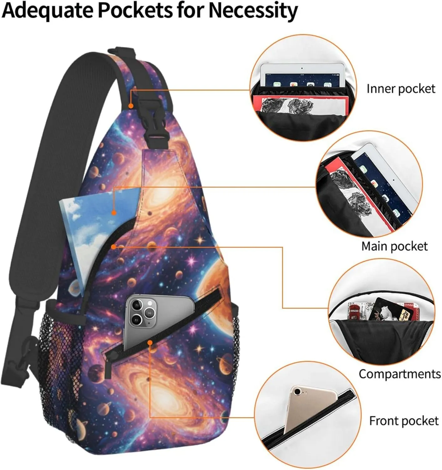 Ultra Lightweight Sling Shoulder Backpack Shoulder Crossbody Bag Chest Pack Multipurpose Anti-Theft Daypack for Outdoors Camping Hiking Trekking, Universe Galaxy Stars Planets Art