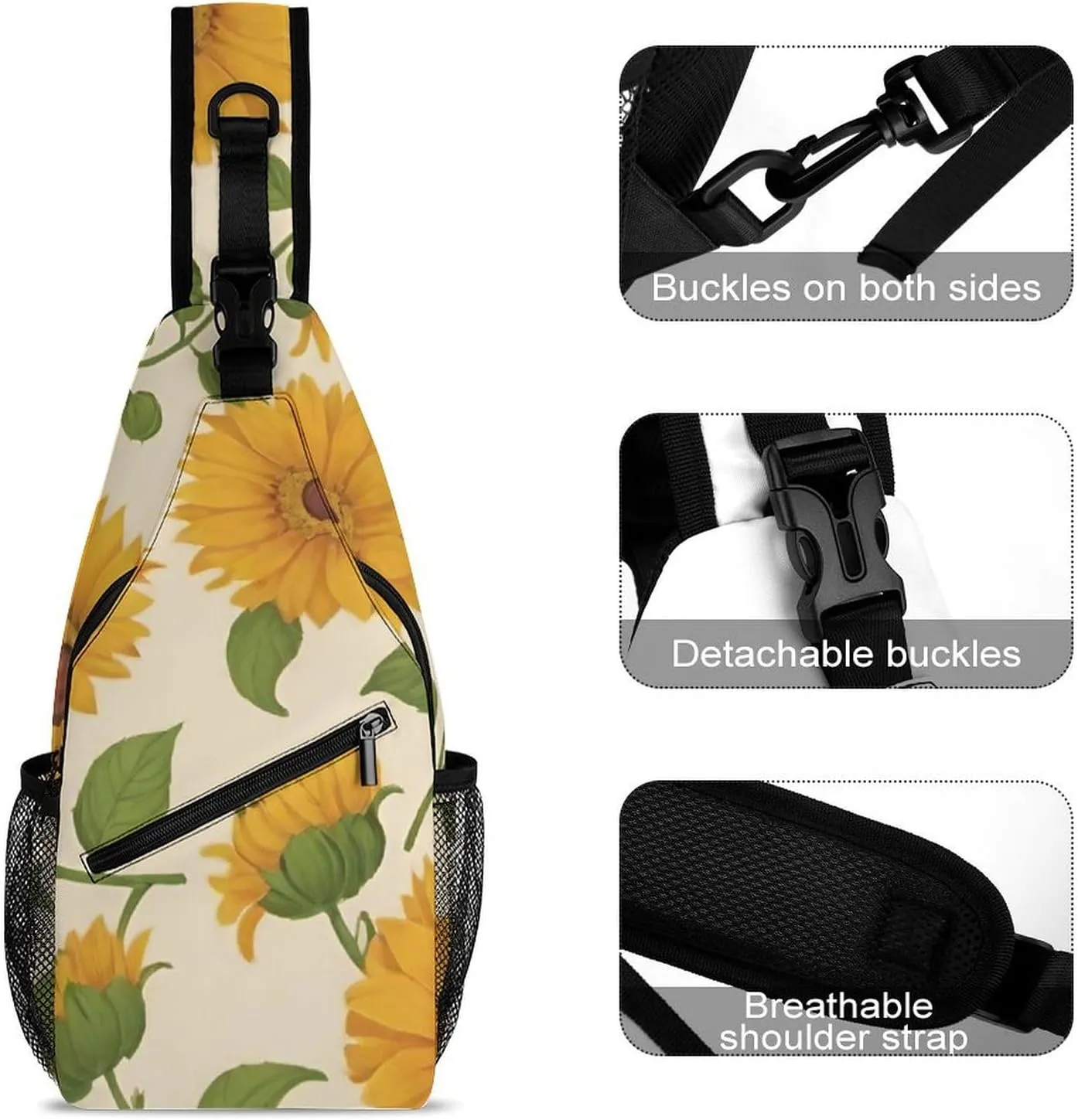 Ultra Lightweight Sling Shoulder Backpack Shoulder Crossbody Bag Chest Pack Multipurpose Anti-Theft Daypack for Outdoors Camping Hiking Trekking, Yellow Sunflowers Art