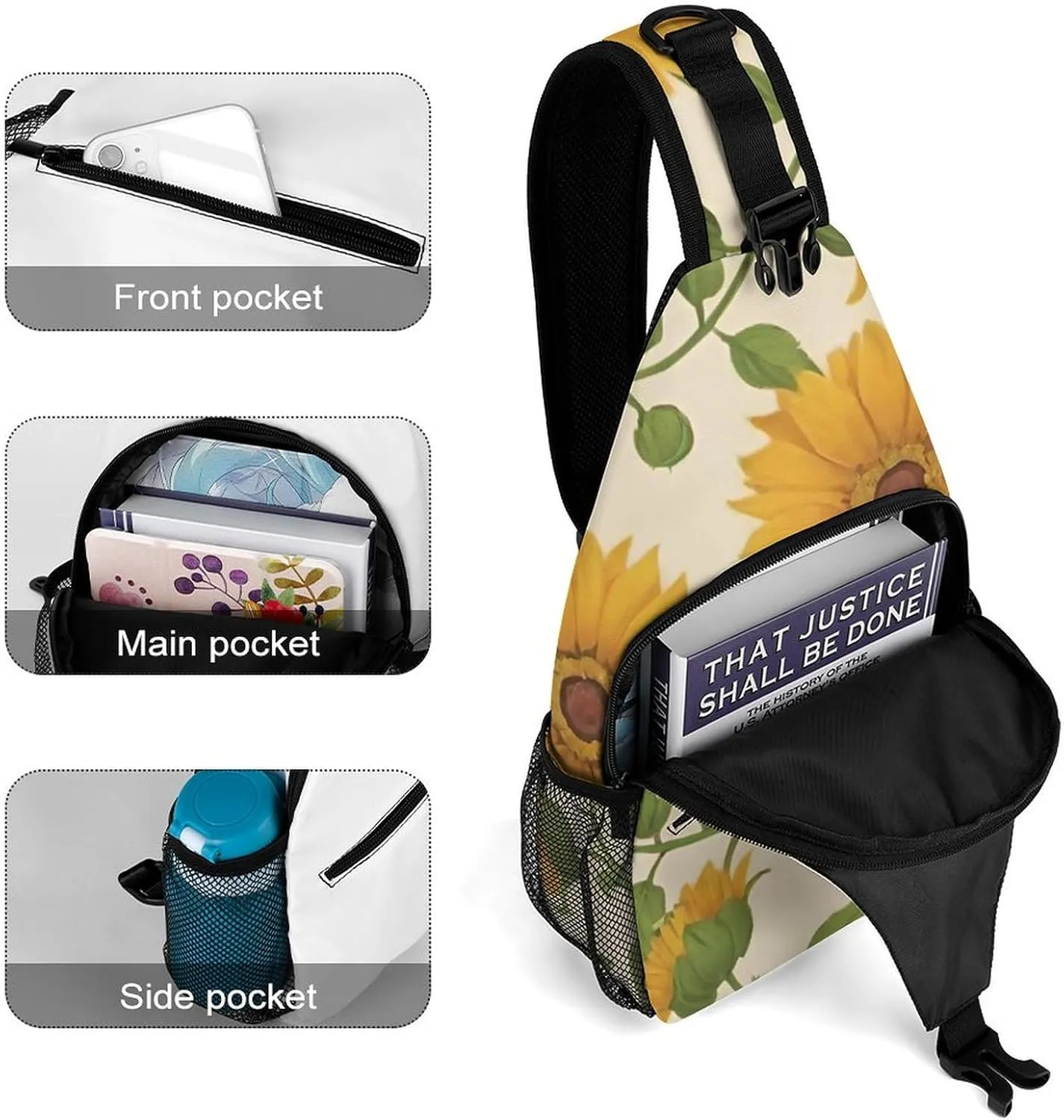 Ultra Lightweight Sling Shoulder Backpack Shoulder Crossbody Bag Chest Pack Multipurpose Anti-Theft Daypack for Outdoors Camping Hiking Trekking, Yellow Sunflowers Art