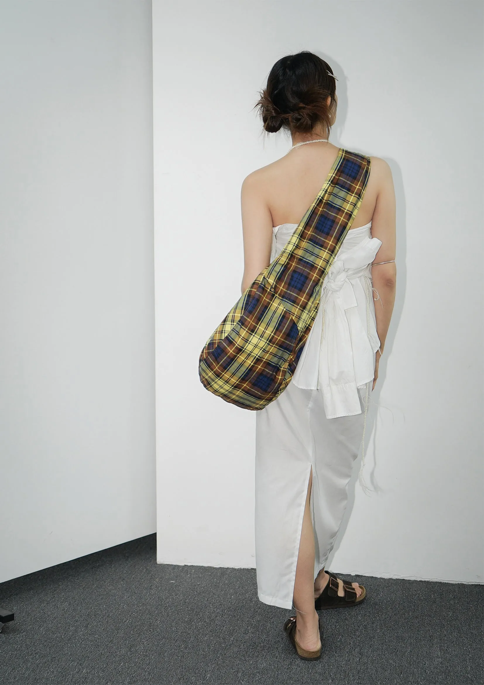 Unisex shoulder/crossbody large dumpling bag - yellow plaid