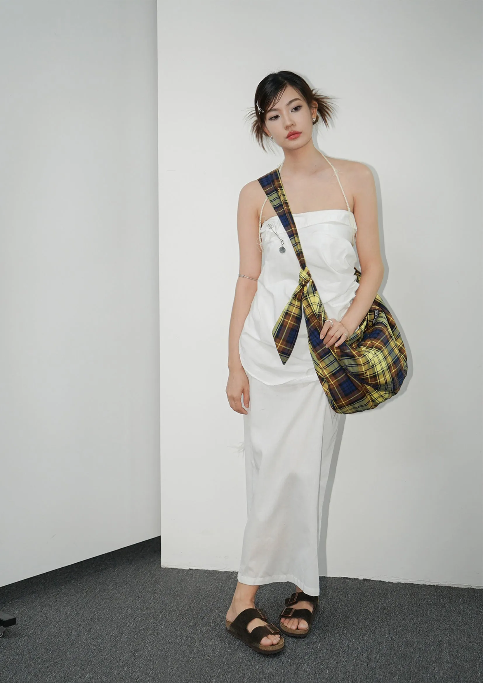Unisex shoulder/crossbody large dumpling bag - yellow plaid
