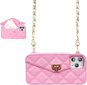 UnnFiko Wallet Phone Case Compatible with iPhone 16 Plus, Cute Light Luxury Bag Design, Purse Flip Card Pouch Cover Soft Silicone Case with Handstrap Long Shoulder Strap (Pink, iPhone 16 Plus)