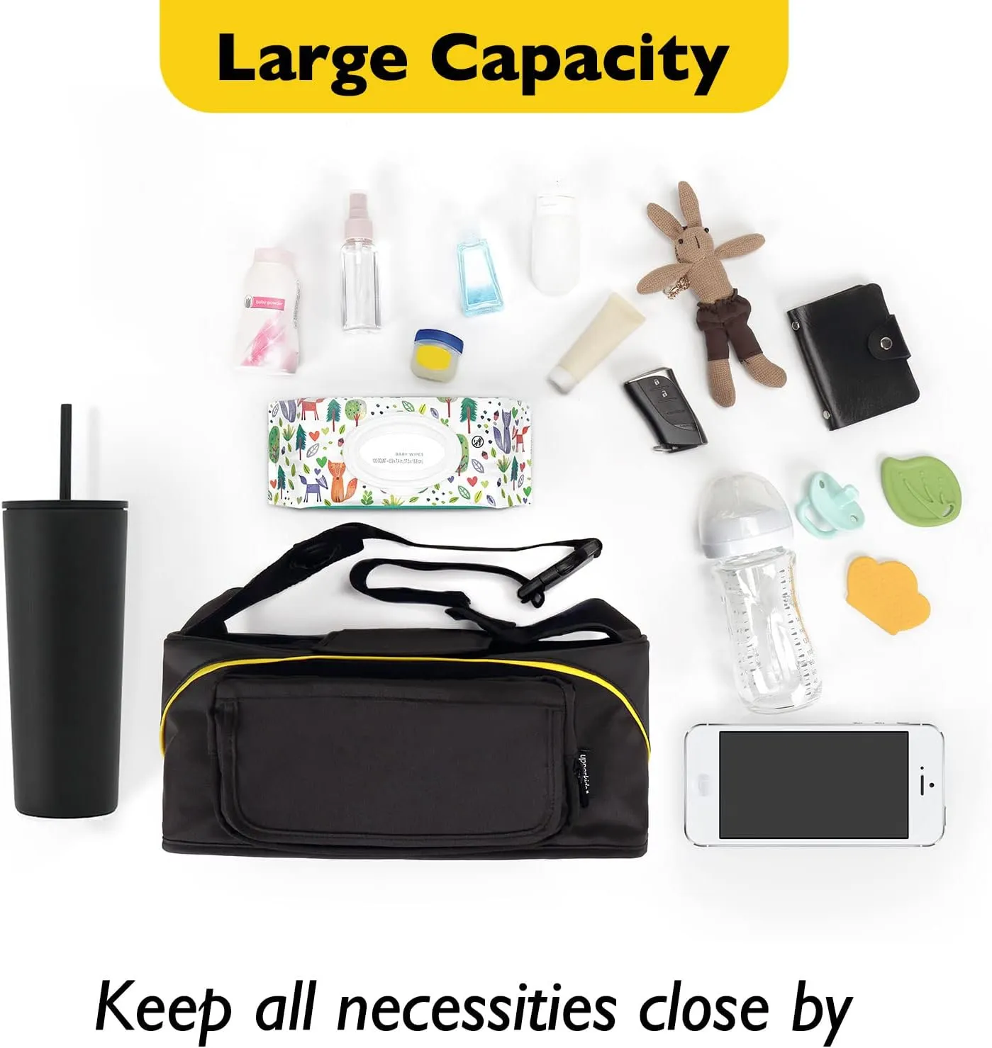 Upperkids Essentials Bag Compatible with Doona Infant Car Seat Stroller, Stroller Accessories, Organizer Bag, Car Seat Bag included Cup Holder, Phone Pockets, Wipes Pocket, Easy Access Baby Essentials