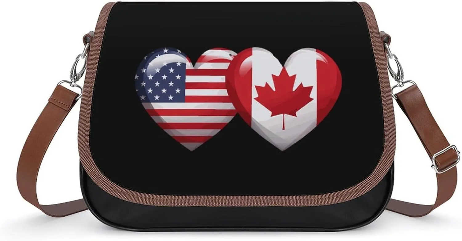 USA Canada Heart Country Flag American Canadian Women's Crossbody Bag Leather Tote Bag Shoulder Bag Handbag for Office Travel