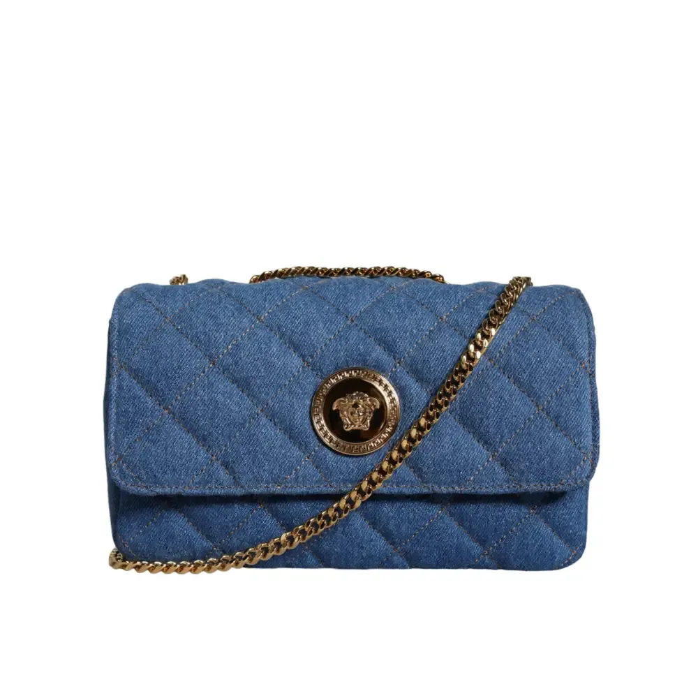 Versace Blue Quilted Denim Leather Crossbody Shoulder Bag