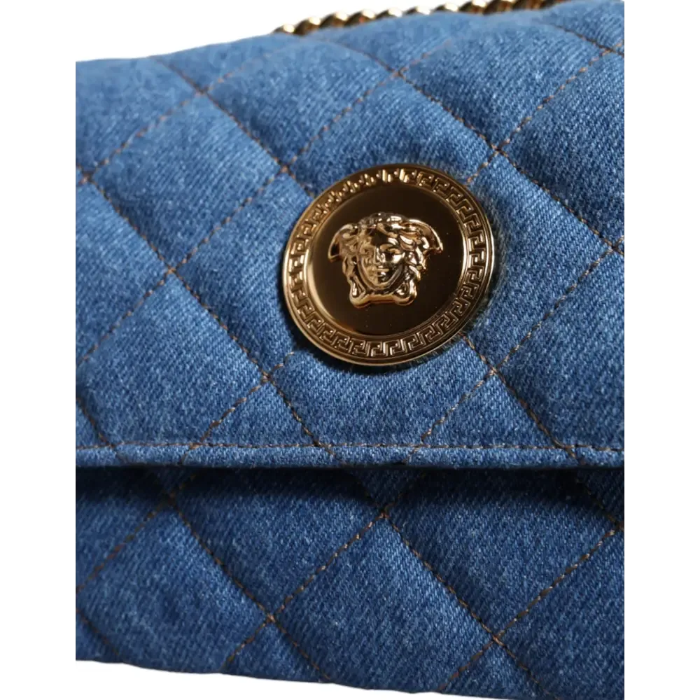 Versace Blue Quilted Denim Leather Crossbody Shoulder Bag