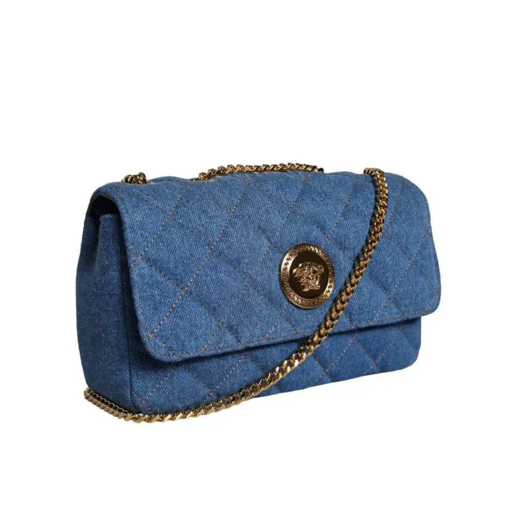 Versace Blue Quilted Denim Leather Crossbody Shoulder Bag