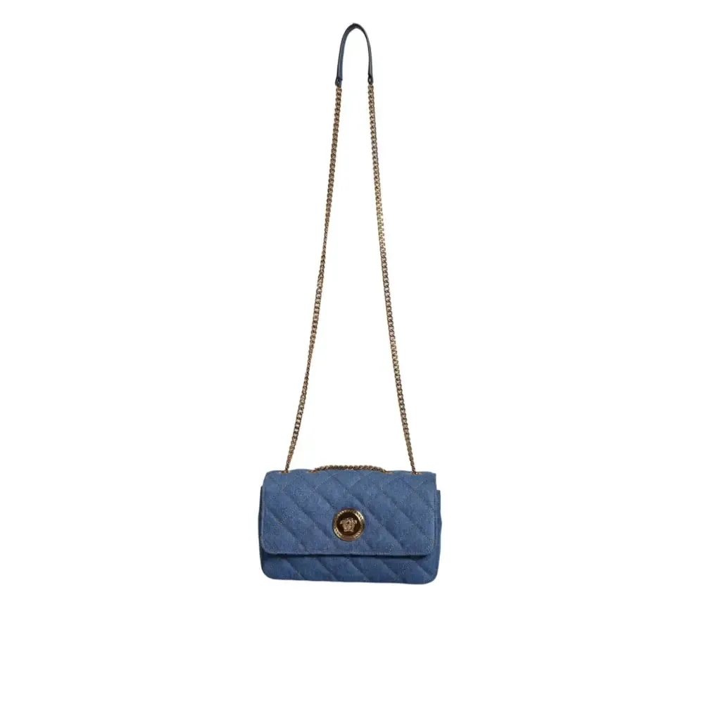 Versace Blue Quilted Denim Leather Crossbody Shoulder Bag