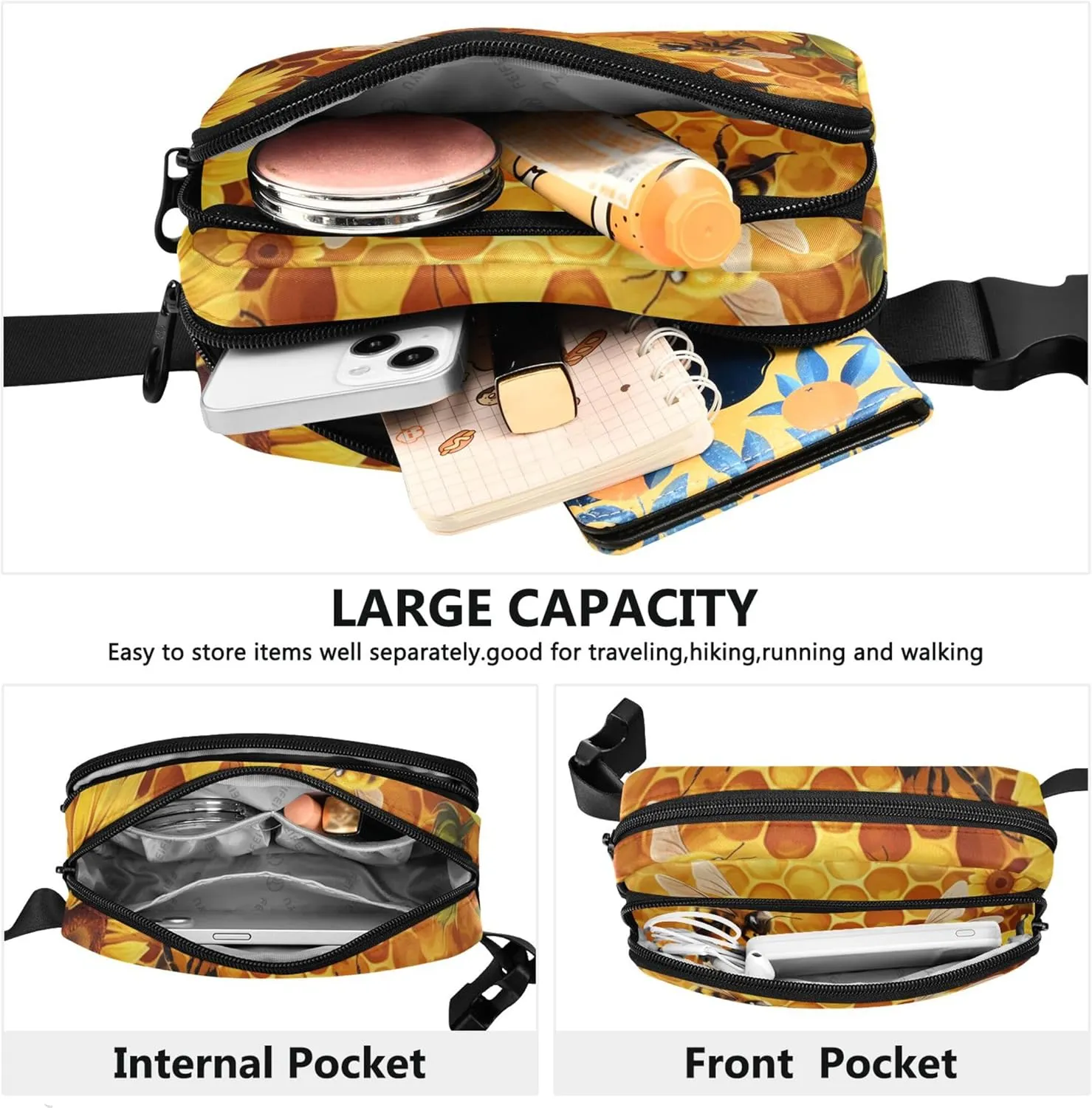 Vibrant Bees Sunflowers Women Fanny Packs Waterproof Hip Pack Belt Bag Colorful Crossbody Waist Pack