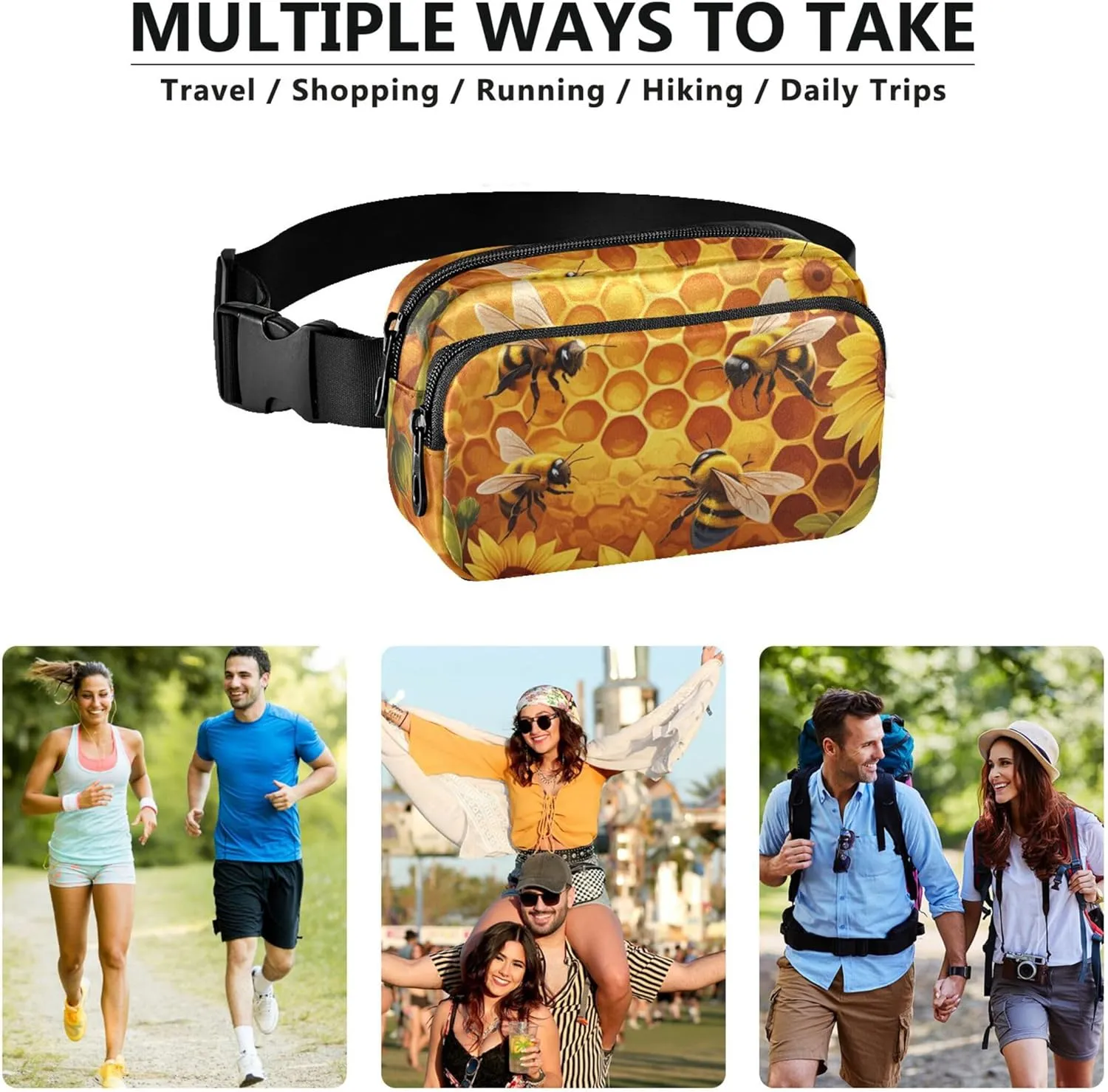 Vibrant Bees Sunflowers Women Fanny Packs Waterproof Hip Pack Belt Bag Colorful Crossbody Waist Pack